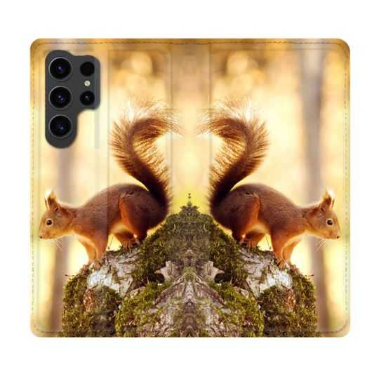 Housse Cuir Portefeuille Pour Samsung Galaxy S23 Ultra Animal Ecureuil Bois