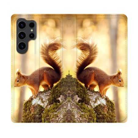 Housse Cuir Portefeuille Pour Samsung Galaxy S23 Ultra Animal Ecureuil Bois