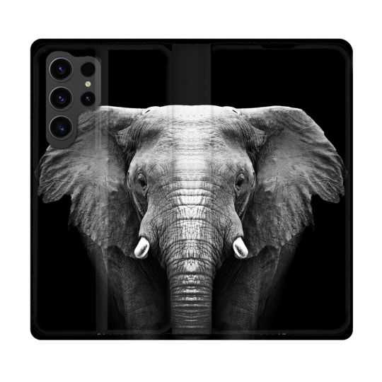 Housse Cuir Portefeuille Pour Samsung Galaxy S23 Ultra Animal Elephant Noir