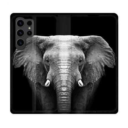 Housse Cuir Portefeuille Pour Samsung Galaxy S23 Ultra Animal Elephant Noir