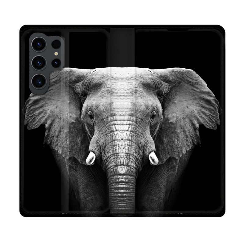 Housse Cuir Portefeuille Pour Samsung Galaxy S23 Ultra Animal Elephant Noir
