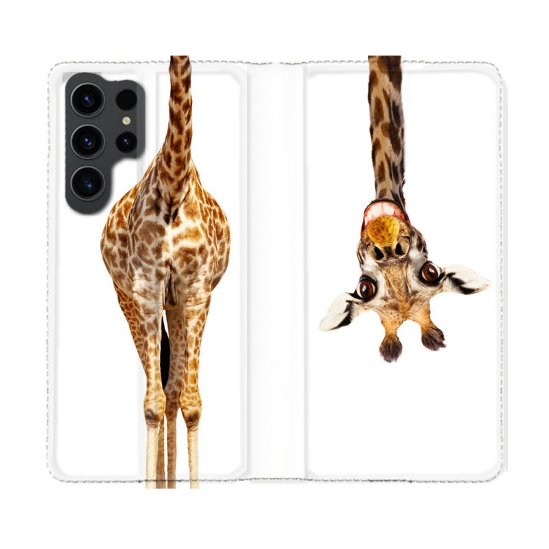 Housse Cuir Portefeuille Pour Samsung Galaxy S23 Ultra Animal Girafe Blanche