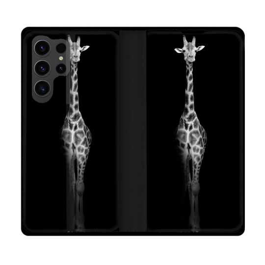Housse Cuir Portefeuille Pour Samsung Galaxy S23 Ultra Animal Girafe Noire