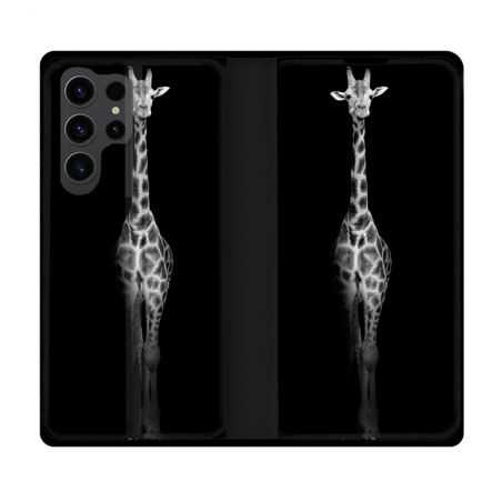 Housse Cuir Portefeuille Pour Samsung Galaxy S23 Ultra Animal Girafe Noire