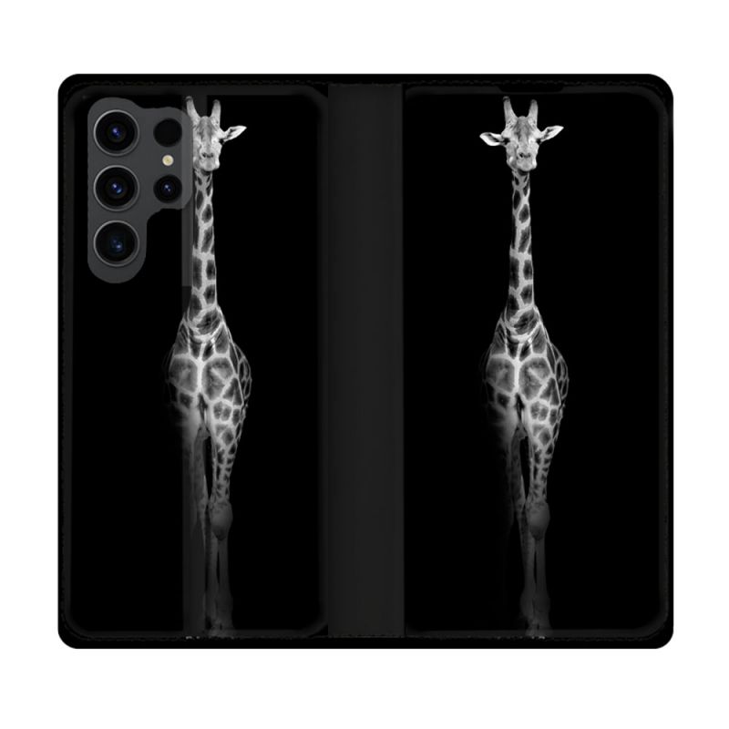 Housse Cuir Portefeuille Pour Samsung Galaxy S23 Ultra Animal Girafe Noire