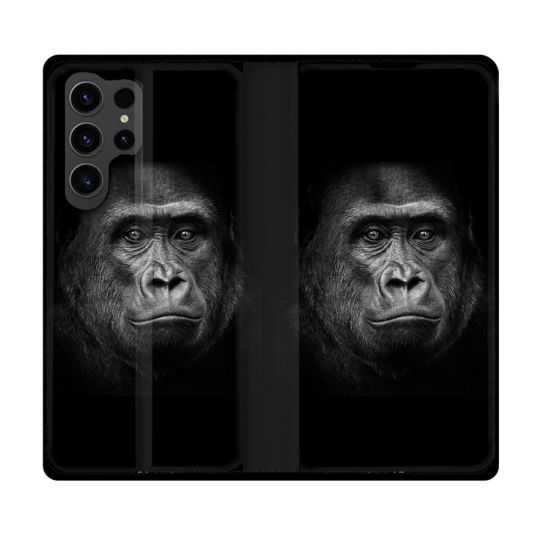 Housse Cuir Portefeuille Pour Samsung Galaxy S23 Ultra Animal Gorille Noir