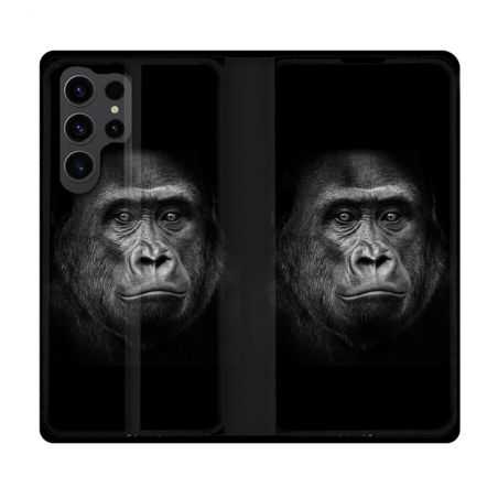Housse Cuir Portefeuille Pour Samsung Galaxy S23 Ultra Animal Gorille Noir