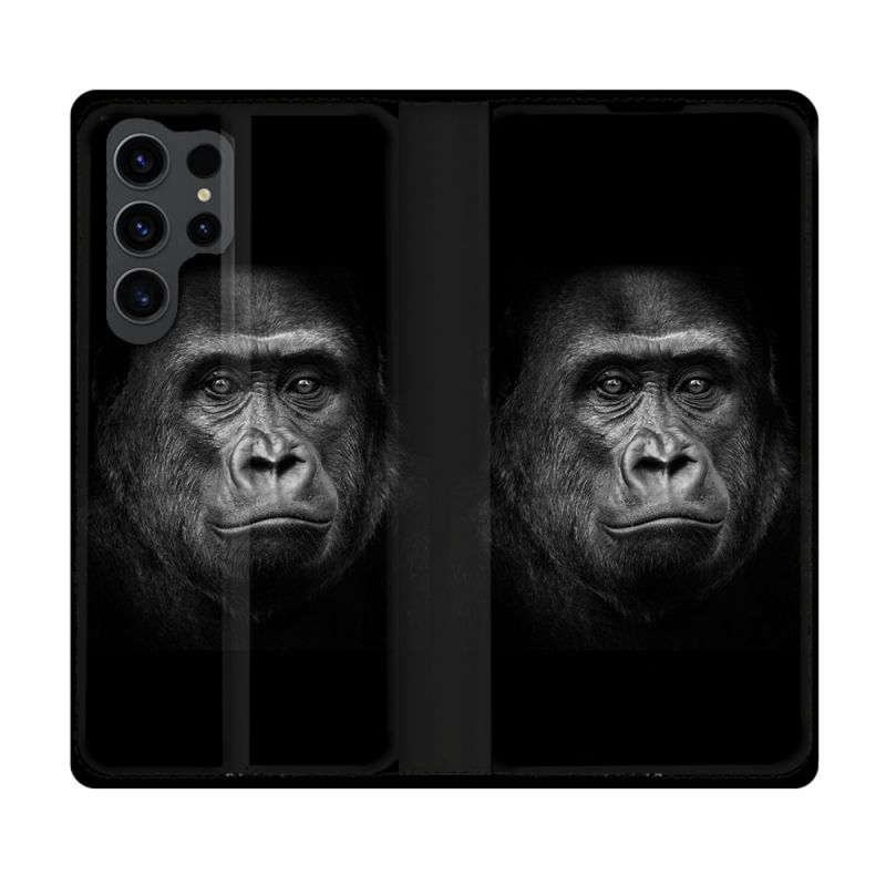 Housse Cuir Portefeuille Pour Samsung Galaxy S23 Ultra Animal Gorille Noir