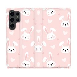 Housse Cuir Portefeuille Pour Samsung Galaxy S23 Ultra Animal Lapin Rose
