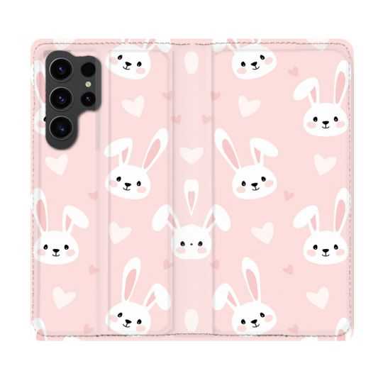 Housse Cuir Portefeuille Pour Samsung Galaxy S23 Ultra Animal Lapin Rose