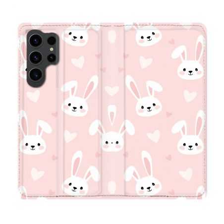 Housse Cuir Portefeuille Pour Samsung Galaxy S23 Ultra Animal Lapin Rose