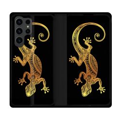 Housse Cuir Portefeuille Pour Samsung Galaxy S23 Ultra Animal Lezard Noir