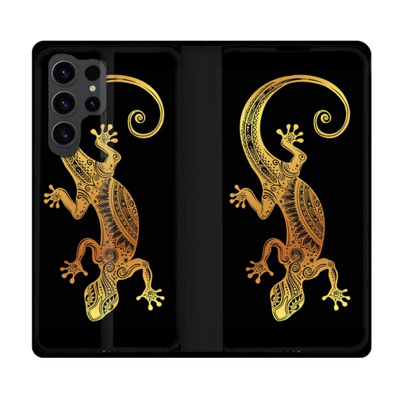 Housse Cuir Portefeuille Pour Samsung Galaxy S23 Ultra Animal Lezard Noir