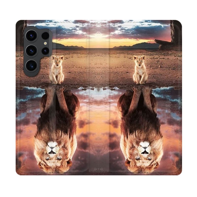 Housse Cuir Portefeuille Pour Samsung Galaxy S23 Ultra Animal Lion Reflet