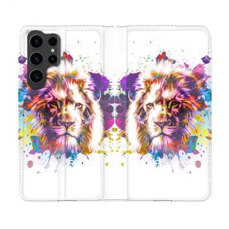 Housse Cuir Portefeuille Pour Samsung Galaxy S23 Ultra Animal Lion Tag