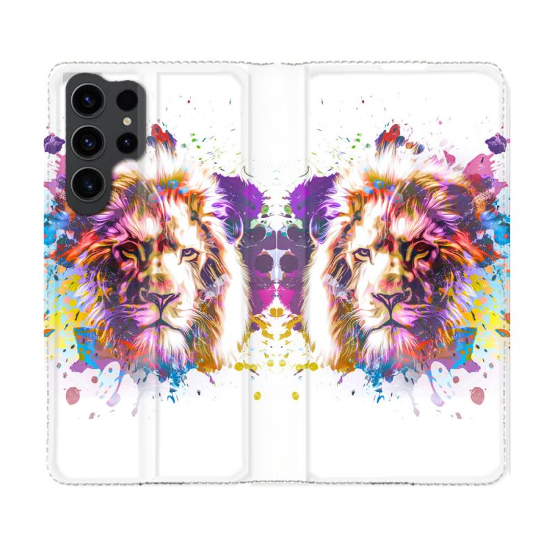 Housse Cuir Portefeuille Pour Samsung Galaxy S23 Ultra Animal Lion Tag