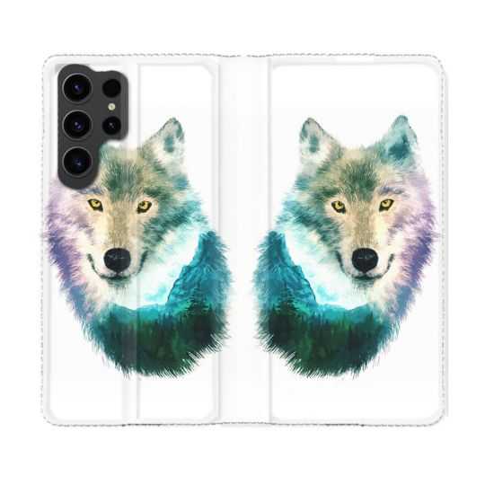 Housse Cuir Portefeuille Pour Samsung Galaxy S23 Ultra Animal Loup Montagne