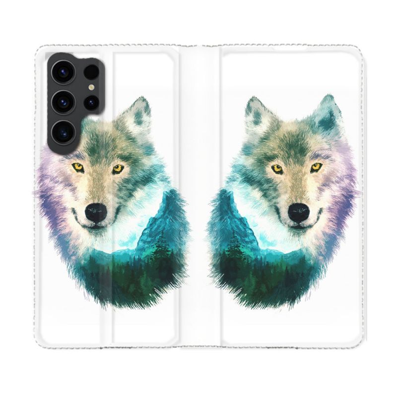 Housse Cuir Portefeuille Pour Samsung Galaxy S23 Ultra Animal Loup Montagne