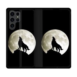 Housse Cuir Portefeuille Pour Samsung Galaxy S23 Ultra Animal Loup Noir