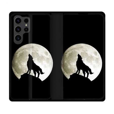 Housse Cuir Portefeuille Pour Samsung Galaxy S23 Ultra Animal Loup Noir