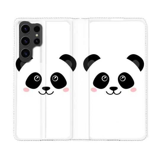 Housse Cuir Portefeuille Pour Samsung Galaxy S23 Ultra Animal Panda Blanc