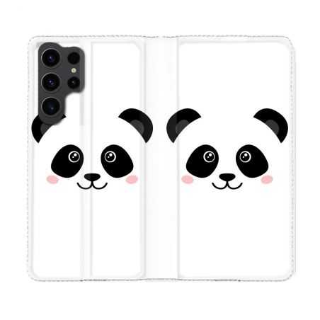 Housse Cuir Portefeuille Pour Samsung Galaxy S23 Ultra Animal Panda Blanc