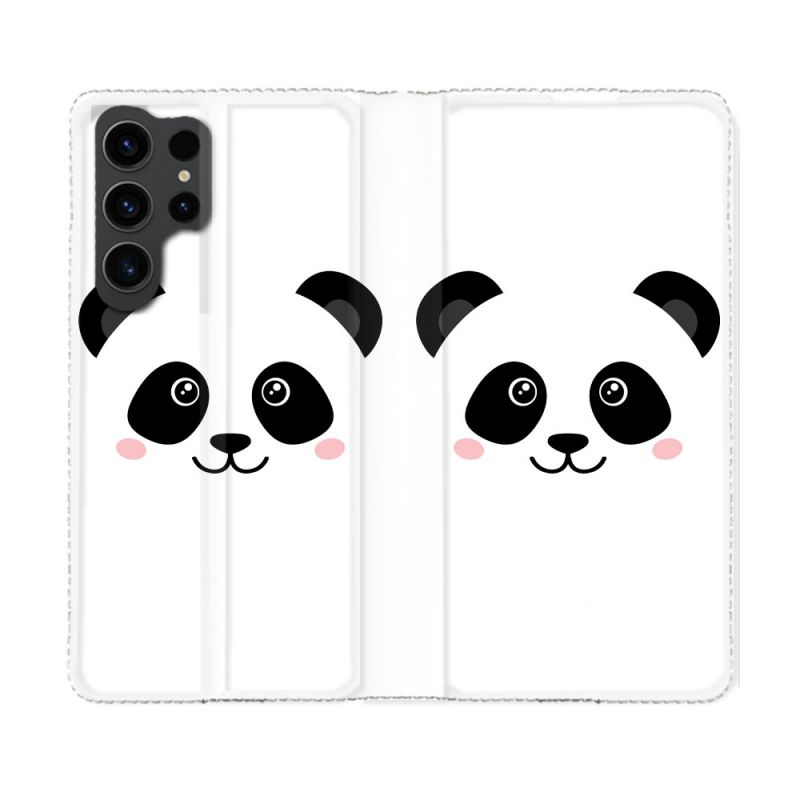 Housse Cuir Portefeuille Pour Samsung Galaxy S23 Ultra Animal Panda Blanc