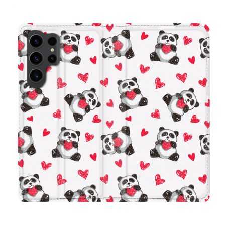 Housse Cuir Portefeuille Pour Samsung Galaxy S23 Ultra Animal Panda Cœur