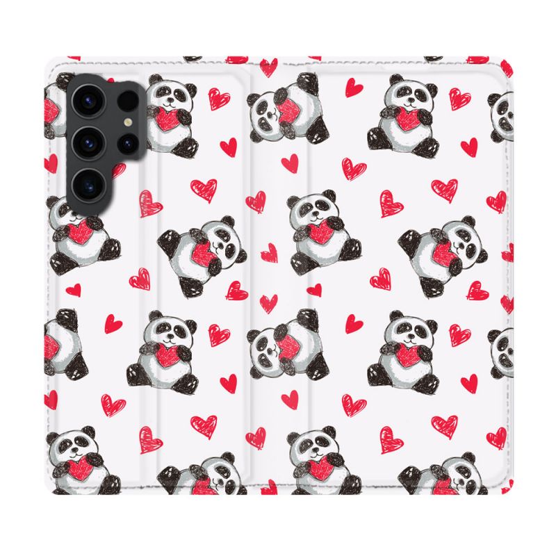 Housse Cuir Portefeuille Pour Samsung Galaxy S23 Ultra Animal Panda Cœur