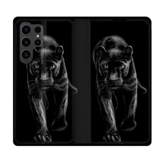 Housse Cuir Portefeuille Pour Samsung Galaxy S23 Ultra Animal Panthère Noire