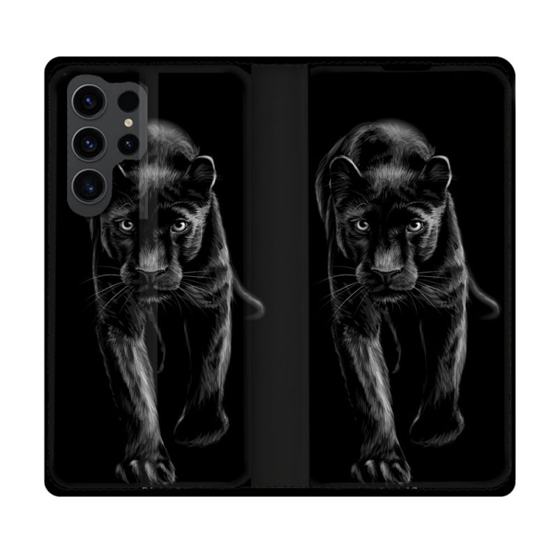Housse Cuir Portefeuille Pour Samsung Galaxy S23 Ultra Animal Panthère Noire