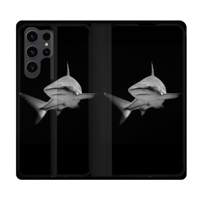 Housse Cuir Portefeuille Pour Samsung Galaxy S23 Ultra Animal Requin Sombre