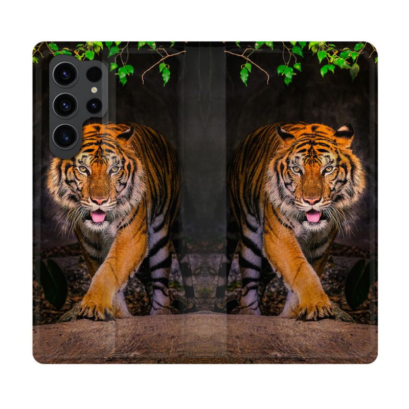 Housse Cuir Portefeuille Pour Samsung Galaxy S23 Ultra Animal Tigre Jungle
