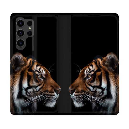 Housse Cuir Portefeuille Pour Samsung Galaxy S23 Ultra Animal Tigre Noir