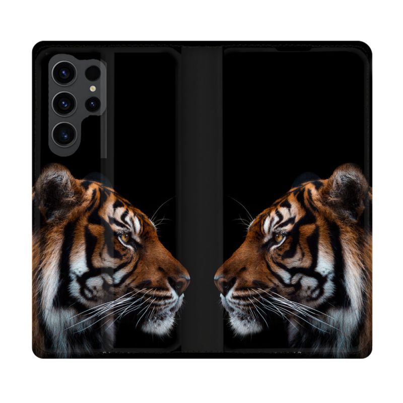Housse Cuir Portefeuille Pour Samsung Galaxy S23 Ultra Animal Tigre Noir