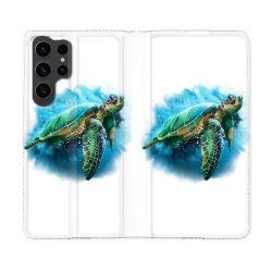 Housse Cuir Portefeuille Pour Samsung Galaxy S23 Ultra Animal Tortue Blanche multicolore