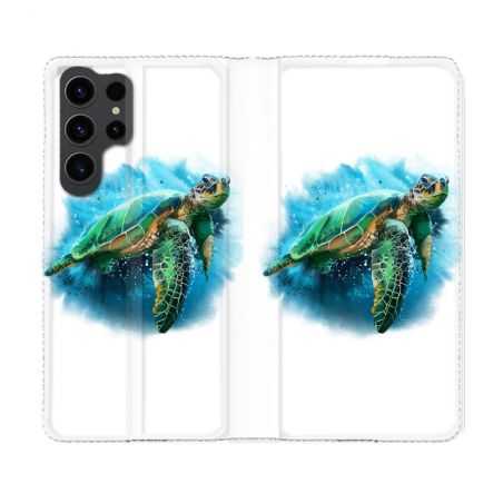 Housse Cuir Portefeuille Pour Samsung Galaxy S23 Ultra Animal Tortue Blanche multicolore