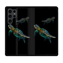 Housse Cuir Portefeuille Pour Samsung Galaxy S23 Ultra Animal Tortue Noire multicolore