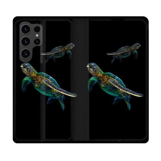 Housse Cuir Portefeuille Pour Samsung Galaxy S23 Ultra Animal Tortue Noire multicolore