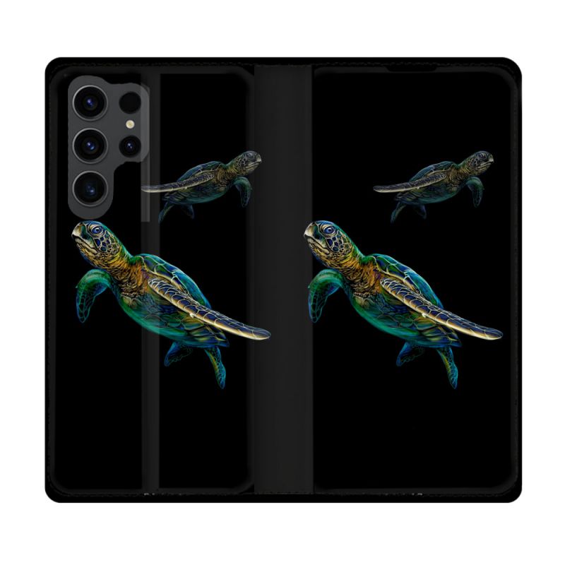 Housse Cuir Portefeuille Pour Samsung Galaxy S23 Ultra Animal Tortue Noire multicolore