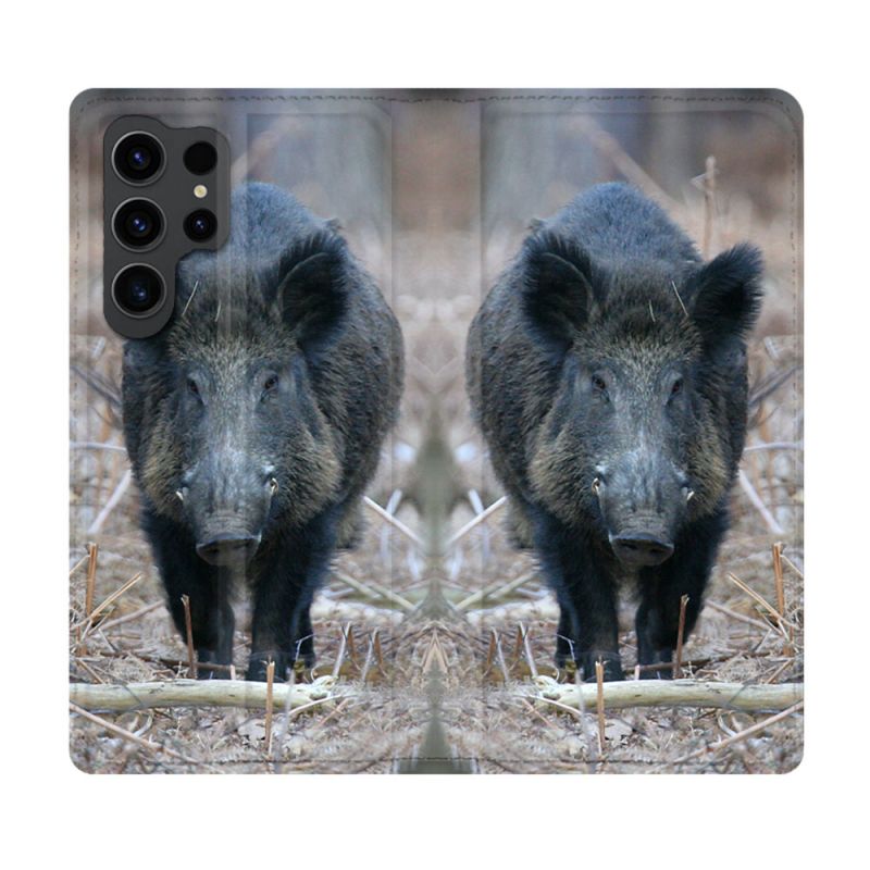 Housse Cuir Portefeuille Pour Samsung Galaxy S23 Ultra Chasse Sanglier Pin