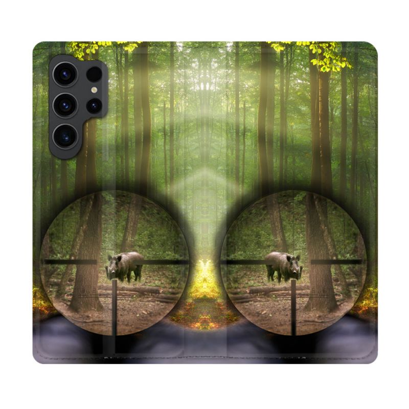 Housse Cuir Portefeuille Pour Samsung Galaxy S23 Ultra Chasse Sanglier Viseur