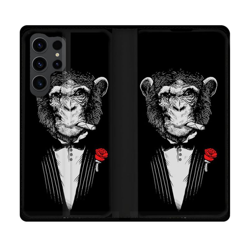 Housse Cuir Portefeuille Pour Samsung Galaxy S23 Ultra Decale Singe Mafia