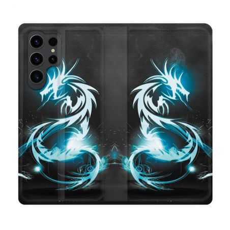 Housse Cuir Portefeuille Pour Samsung Galaxy S23 Ultra Fantastique Dragon Bleu