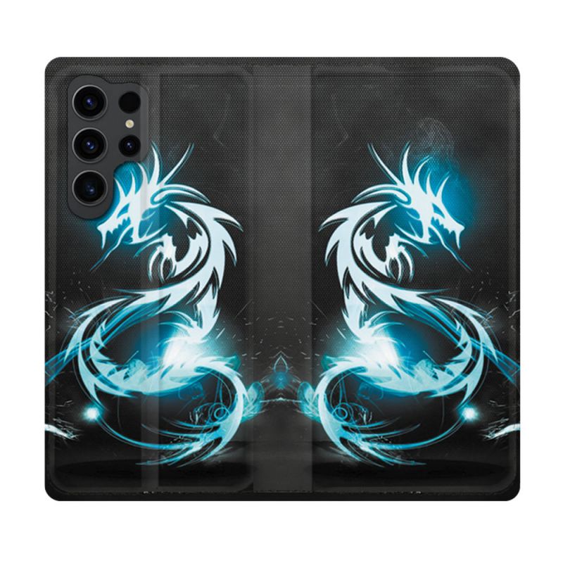 Housse Cuir Portefeuille Pour Samsung Galaxy S23 Ultra Fantastique Dragon Bleu
