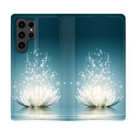 Housse Cuir Portefeuille Pour Samsung Galaxy S23 Ultra Fleur Lotus Blanc