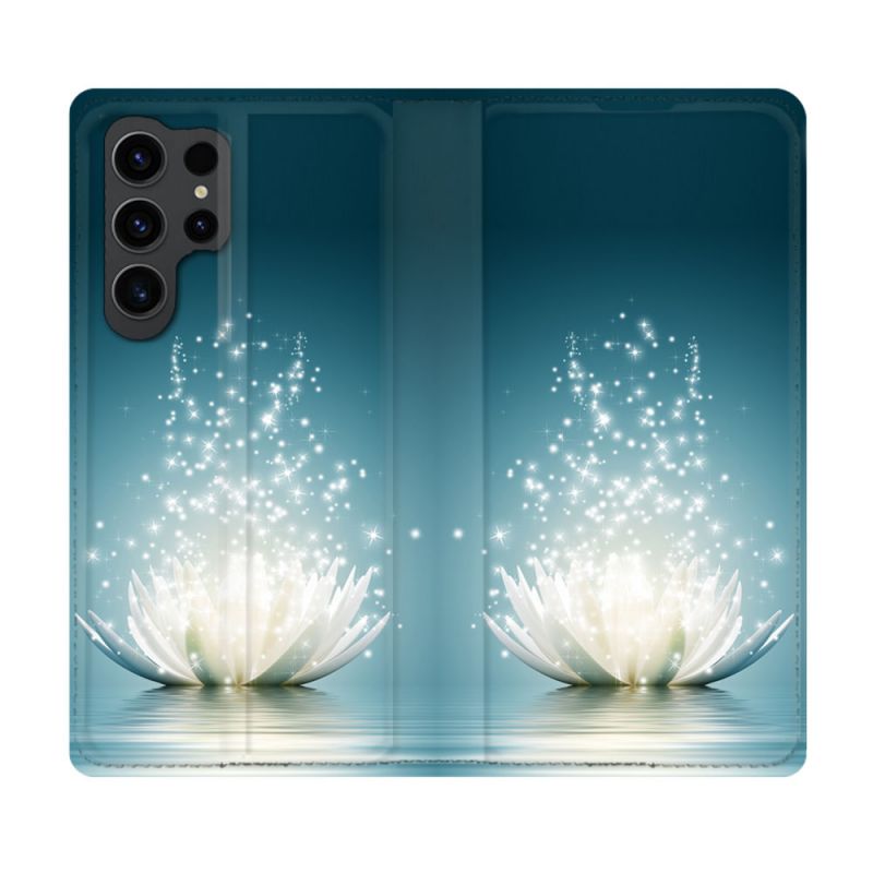 Housse Cuir Portefeuille Pour Samsung Galaxy S23 Ultra Fleur Lotus Blanc