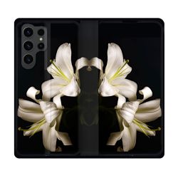 Housse Cuir Portefeuille Pour Samsung Galaxy S23 Ultra Fleur Lys Noir