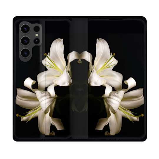 Housse Cuir Portefeuille Pour Samsung Galaxy S23 Ultra Fleur Lys Noir