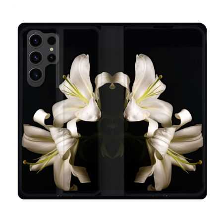 Housse Cuir Portefeuille Pour Samsung Galaxy S23 Ultra Fleur Lys Noir